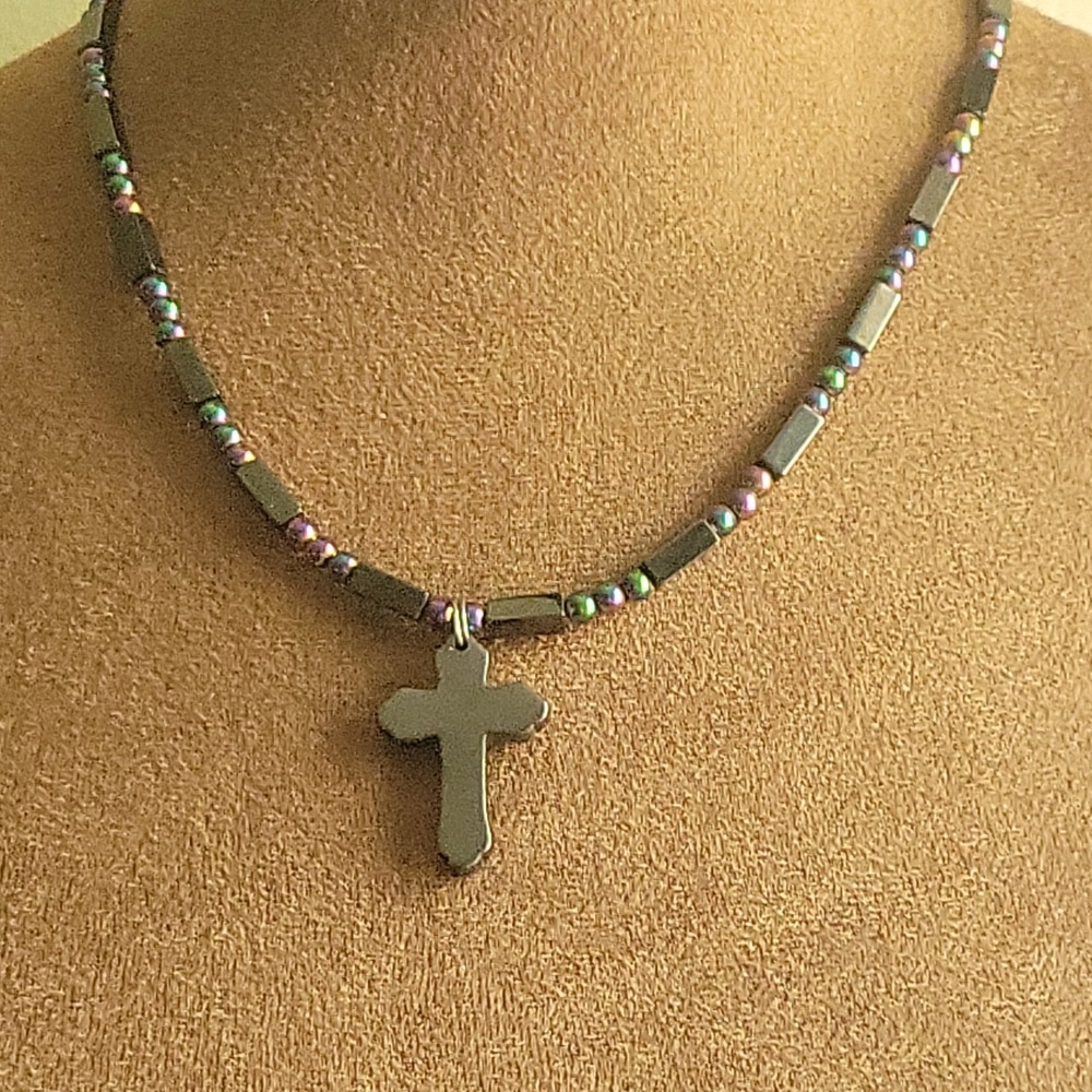 Hematite Cross Pendant Necklace Iridescent Beaded 18 Inch Magnetic Clasp Goth
